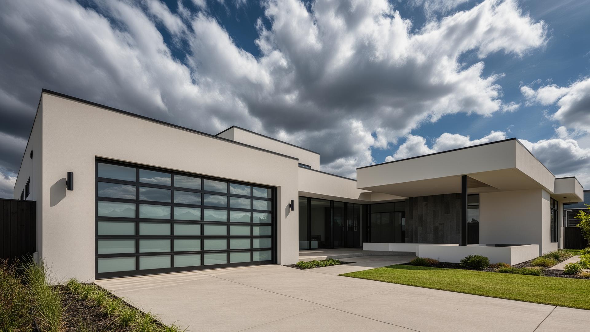Modern contemporary house with aluminum glass panel garage door - professional installation by Garage Door Madison