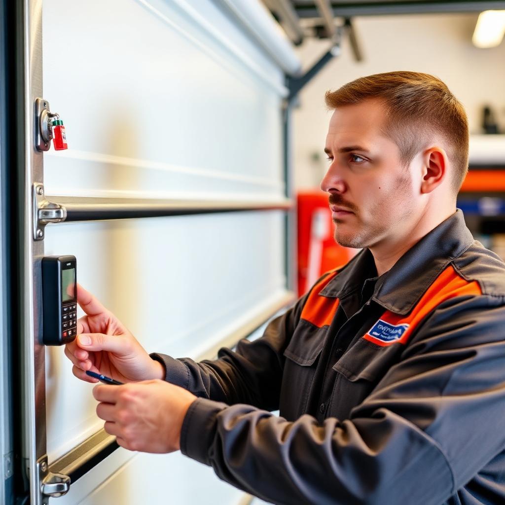 Professional garage door technician programming remote and keypad - experienced team at Garage Door Madison